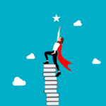 A woman is standing on top of a stack of books and reaching for a star.
