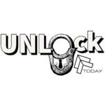 A black and white logo with the words unlock today.