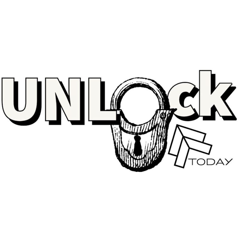 A black and white logo with the words unlock today.