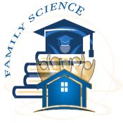 The family science logo with a house and books.